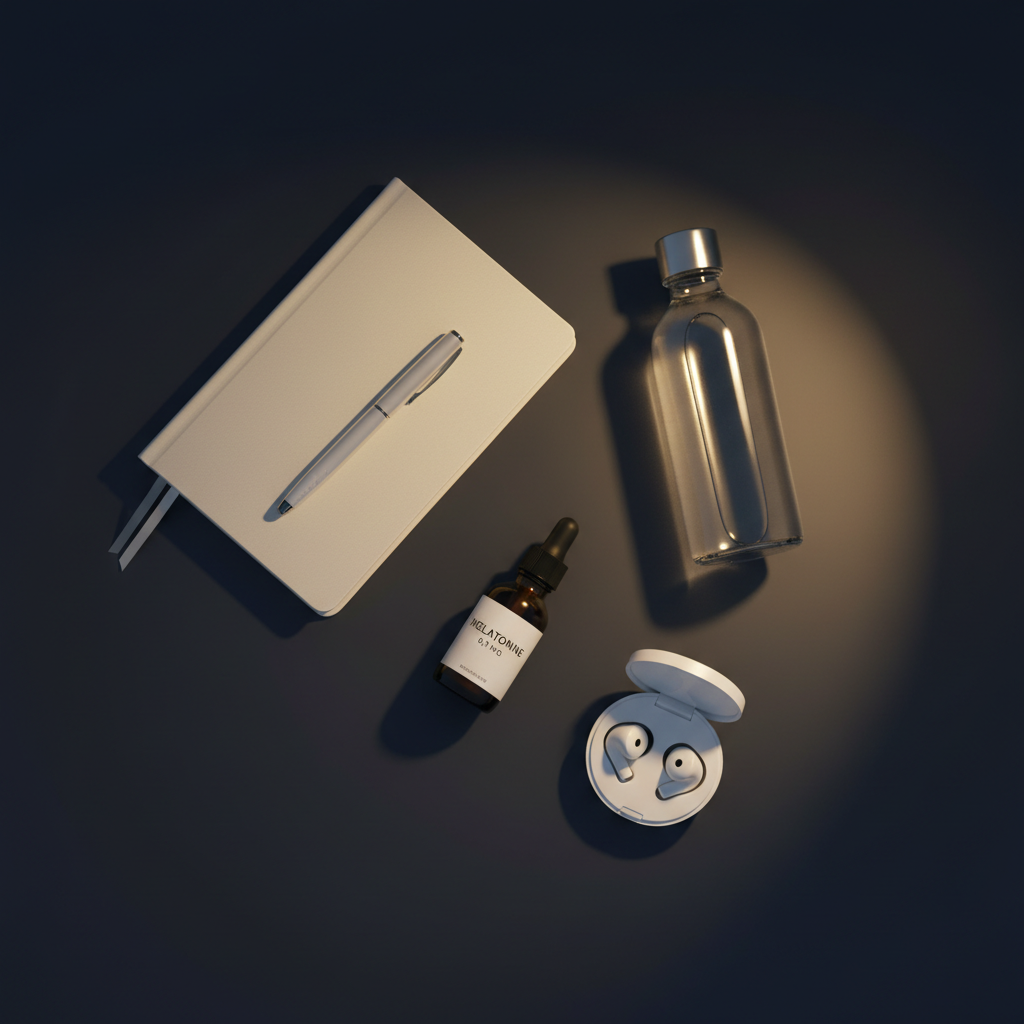 An overhead, photographic view of a carefully arranged night routine flat lay on a matte, dark navy surface: a hardcover journal with a silver pen placed diagonally, a slim, frosted glass water bottle half-filled, a small amber bottle labeled “melatonine 0,1 mg,” and a pair of noise-isolating, matte white earplugs in an open case. A soft, warm pool of light from an unseen bedside lamp illuminates the objects, fading into gentle shadow at the edges of the frame. The composition uses the rule of thirds with precise spacing, evoking structure and intentionality. The atmosphere feels modern, premium, and serene, emphasizing a professional, science-based approach to winding down for optimal sleep and recovery.