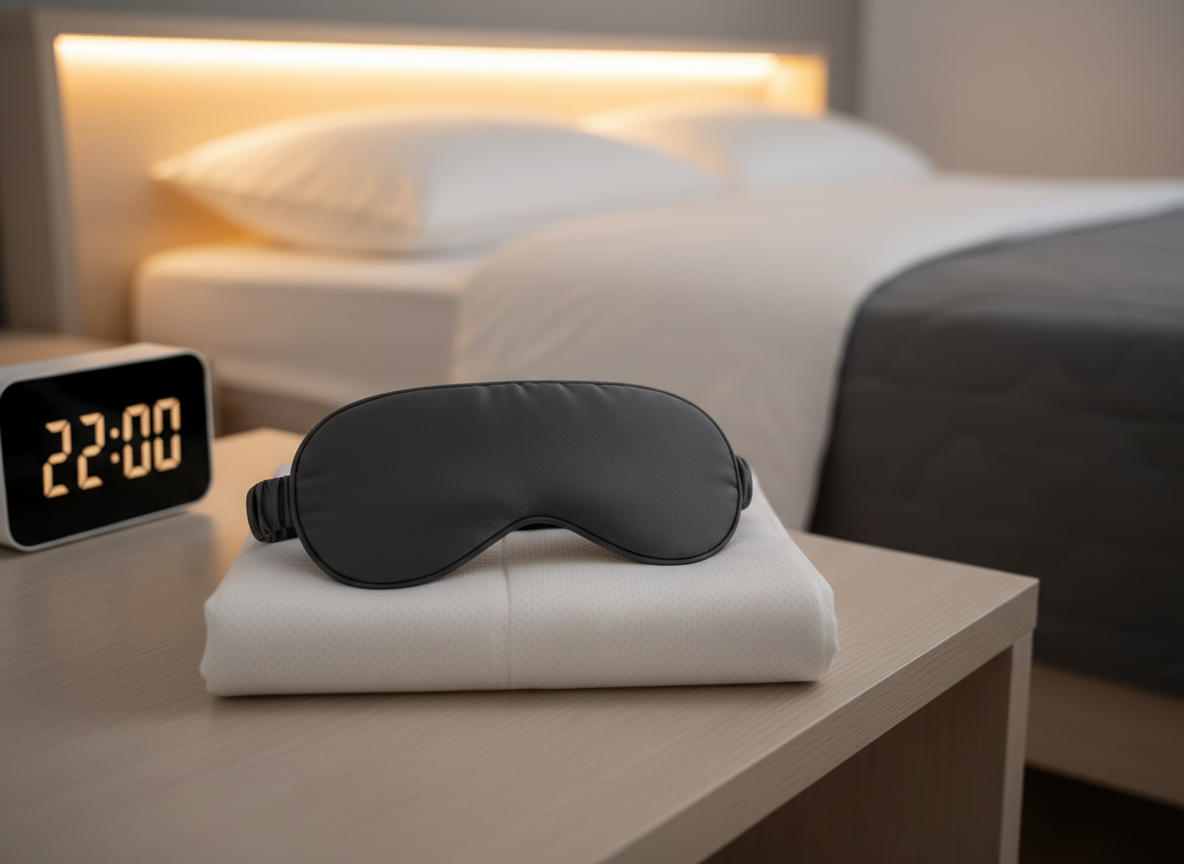 A close-up, photographic view of a premium dark gray sleep mask made from smooth, matte fabric resting on a folded, breathable white pillow protector atop a pale wooden nightstand. A minimalist digital clock displays 22:00 in soft, amber numbers, subtly illuminating the scene. In the background, slightly out of focus, a neatly arranged bed and a dim, indirect LED strip behind the headboard suggest a carefully designed sleep environment. The lighting is warm and low, simulating an ideal pre-sleep setting that feels modern and professional. Captured from a slightly elevated angle, with intentional negative space, the mood is calm, controlled, and performance-oriented, emphasizing preparation for deep, restorative sleep.