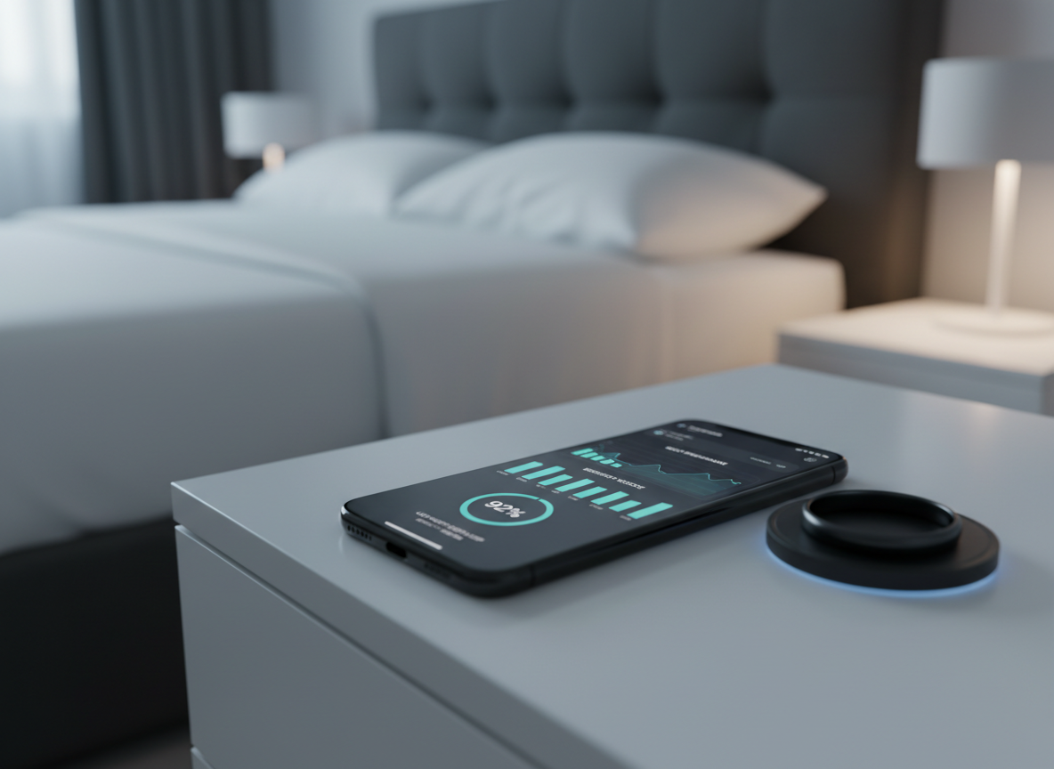 A sleek, large-screen smartphone lying screen-up on a smooth white bedside table in photographic realism, displaying a minimalist sleep tracking dashboard with clear graphs of sleep stages, recovery score, and daily performance metrics in cool blues and greens. Next to it lies a slim, black wearable sleep ring on a small charging pad. The background reveals the blurred outline of a tidy, modern bed with a dark upholstered headboard. Soft, cool-toned evening light from an unseen window combines with a subtle desk lamp glow, creating gentle reflections on the phone’s glass. Shot from a slightly elevated three-quarter angle with sharp focus on the devices, the mood is high-tech yet calm, conveying data-driven optimization of sleep and daily performance.